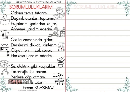 2. Sınıf hayat bilgisi dersi görev ve sorumluluklarım konusu şiirim.