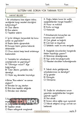 2. SINIF HAYAT BİLGİSİ İLETİŞİM VAR SORUN YOK KONUSU TEST
