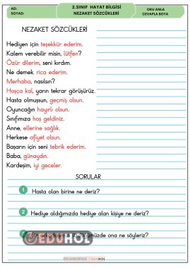 2. SINIF HAYAT BİLGİSİ NEZAKET SÖZCÜKLERİ OKU ANLA CEVAPLA
