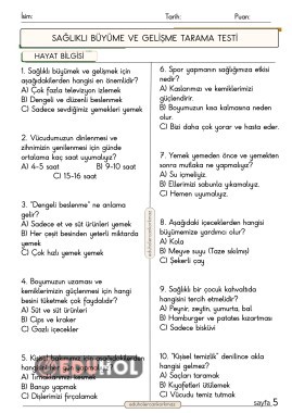 2. SINIF HAYAT BİLGİSİ SAĞLIKLI BÜYÜME VE GELİŞME 10 SORULUK TEST