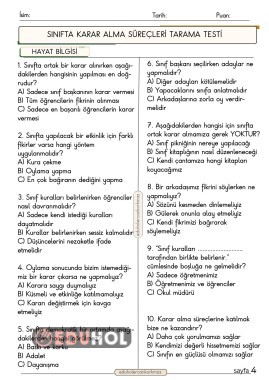 2. SINIF HAYAT BİLGİSİ SINIFTA KARAR ALMA SÜREÇLERİ 10 SORULUK TEST