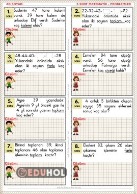 2. sınıf karışık toplama ve çıkarma problemleri renkli sayfa