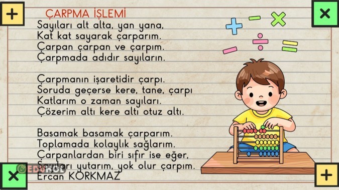 2. SINIF MATEMATİK DERSİ ÇARPMA İŞLEMİ İÇİN YAZDIĞIM ŞİİRİM