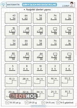 2. SINIF MATEMATİK DÖRT İŞLEM BECERİSİ ÖLÇME SAYFASI.