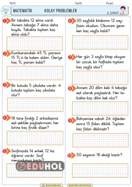 2. SINIF MATEMATİK KOLAY SEVİYE 4 İŞLEM PROBLEMLERİ