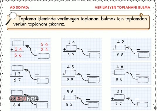 2. SINIF MATEMATİK VERİLMEYEN TOPLANANI BULMA ÇALIŞMA SAYFASI