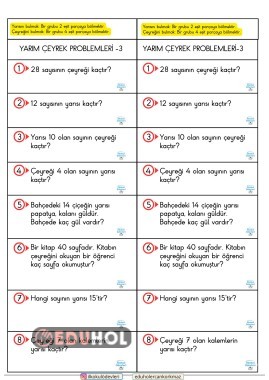 2. sınıf matematik yarım çeyrek yapıştır- çöz defter problemleri