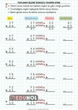 2. sınıf toplama işlemi tahmin karşılaştırma etkinliği