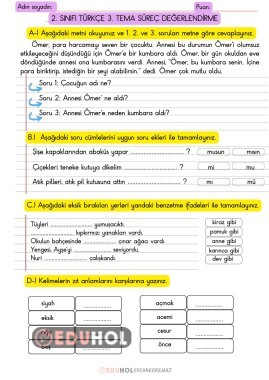 2. SINIF TÜRKÇE 3. TEMA SÜREÇ DEĞERLENDİRME