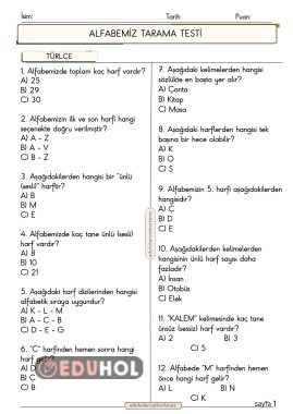 2. SINIF TÜRKÇE ALFABEMİZ TESTİ 12 SORU