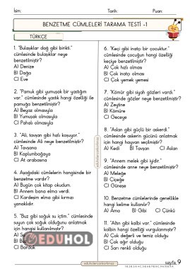 2. Sınıf Türkçe dersi benzetme cümleleri konusunda 11 soruluk testim
