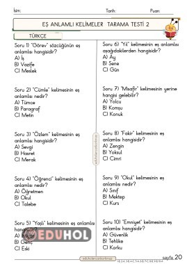 2. Sınıf Türkçe dersi eş anlamlı kelimeler testi 2