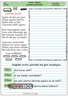 2. sınıf Türkçe dersi için yazdığım çıkarma işlemi şiirim