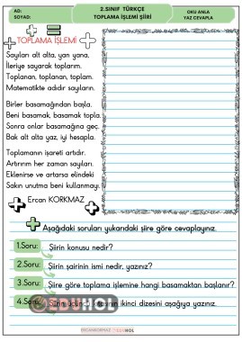2. sınıf Türkçe dersi için yazdığım toplama işlemi şiiri okuma yazma anlama