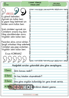 2. sınıf Türkçe dersi için yazdığım Virgül şiiri okuma yazma anlama