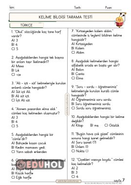 2. Sınıf Türkçe dersi Kelime Bilgisi 12 soruluk test