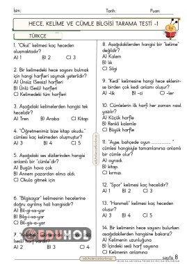 2. Sınıf Türkçe dersi Kelime Cümle Bilgisi 14 soruluk testim