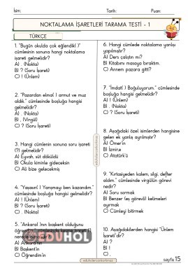 2. Sınıf Türkçe dersi Noktalama işaretleri 1 test 10 soruluk