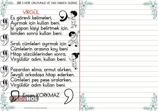 2. sınıf Türkçe dersi virgül işareti için yazdığım şiir yazma okuma yazma çalışması
