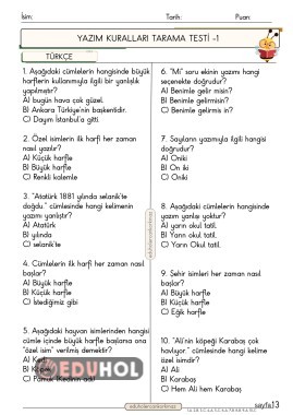 2. Sınıf Türkçe dersi yazım kuralları testi 10 soru