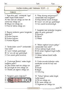 2. Sınıf Türkçe dersi yazım kuralları testi 2 tam 10 soruluk