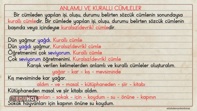 2. SINIF TÜRKÇE KURALLI CÜMLE AKILLI TAHTA NOTUM