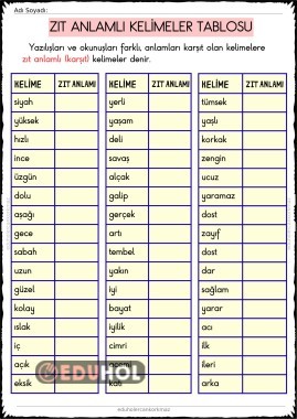 2. sınıf zıt anlamlı kelimeler tablo doldurma etkinliği