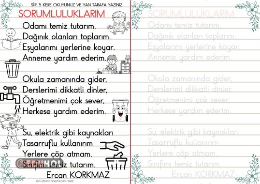 2.sınıf hayat bilgisi görev ve sorumluluklarım şiirim okuma ve yazma etkinliği