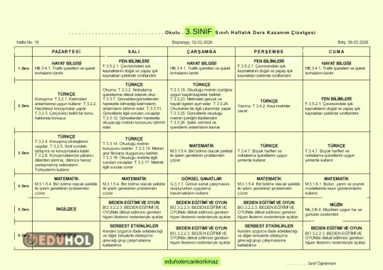 3. SINIF 19. HAFTA DERS DEFTERİ DOLDURMA