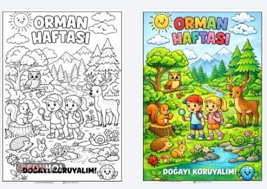 Orman Haftası boyama sayfası- Renkli örnek boyama
