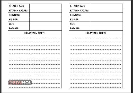 TÜRKÇE DERSİ İÇİN HİKAYE KİTABI ÖZET SAYFASI