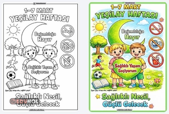 Yeşilay Haftası Boyama Sayfası Örnek Boyaması ile Birlikte