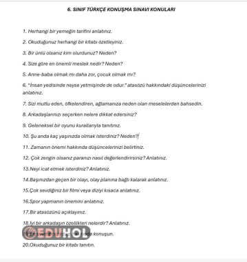 6. SINIF TÜRKÇE KONUŞMA SINAVI KONULARI