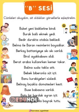 “B” SESİ CÜMLE OKU, GÖRSELİ EŞLEŞTİR ÇALIŞMASI