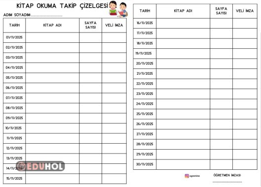 KASIM AYI KİTAP OKUMA TAKİP ÇİZELGESİ 2 SAYFA