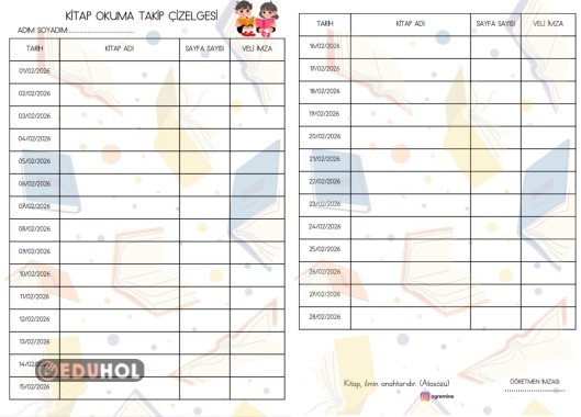 ŞUBAT AYI KİTAP OKUMA TAKİP ÇİZELGESİ