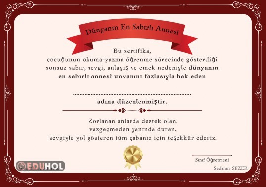 1.Sınıf Annelerine Özel sertifika