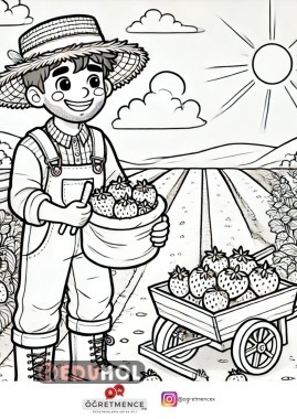 Ç Sesine Özel Çilek Toplayan Erkek Çiftçi Temalı Boyama Sayfası