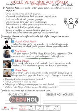 Süreç Odaklı Değerlendirme (Hayat Bilgisi- Güçlü ve Gelişime Açık Alanlar)