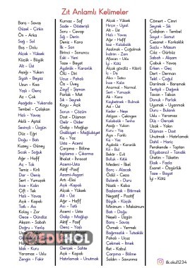 zıt anlamlı kelimeler listesi