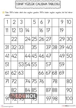 1.SINIF 1'DEN 100'E KADAR SAYMA ÇALIŞMA KAĞIDI