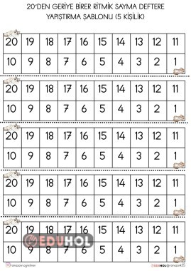 1.SINIF 20'DEN GERİYE 1'ER SAYMA DEFTERE YAPIŞTIRMA ŞABLONU ( 5 KİŞİLİK)