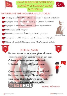 1.SINIF HAYAT BİLGİSİ BAYRAĞIM VE MARŞIMLA GURUR DUYUYORUMDEFTER NOTU