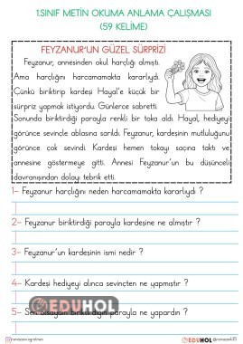 1.SINIF OKUMA ANLAMA METİNLERİ-FEYZANUR'UN GÜZEL SÜRPRİZİ (59 KELİME)