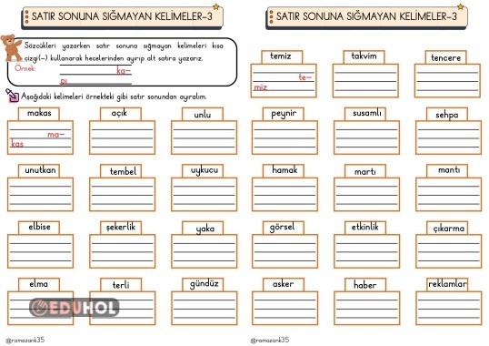 1.SINIF SATIR SONUNA SIĞMAYAN KELİMELER ETKİNLİĞİ-3