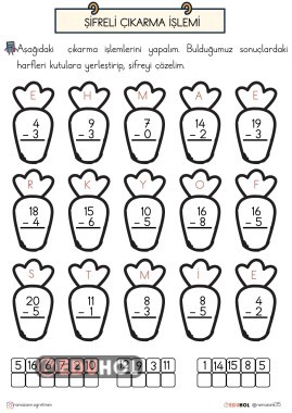 1.SINIF ŞİFRELİ ÇIKARMA İŞLEMİ ALIŞTIRMALARI