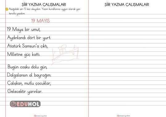 19 MAYIS ŞİİRİ OKUMA YAZMA ÇALIŞMASI