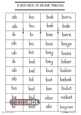 B SESİ HECE VE KELİME TABLOSU