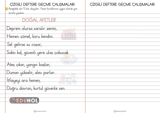 ÇİZGİLİ DEFTERE GEÇME ÇALIŞMALARI- DOĞAL AFETLER ŞİİRİ