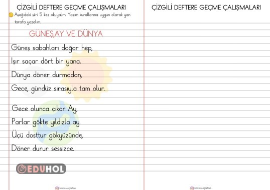 ÇİZGİLİ DEFTERE GEÇME ÇALIŞMALARI- GÜNEŞ,AY VE DÜNYA ŞİİRİ